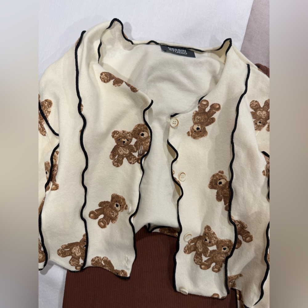 Cream Teddy Bear Cardigan and Levi’s tank top- Korean style and made